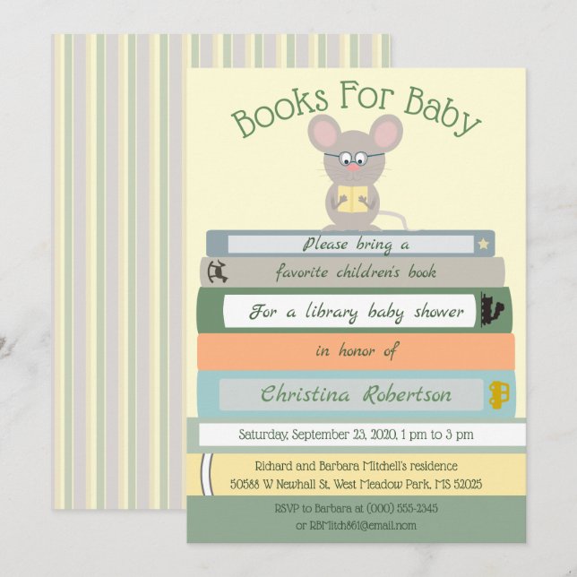 Invitation Baby shower de bibliothèque de souris (Devant / Derrière)