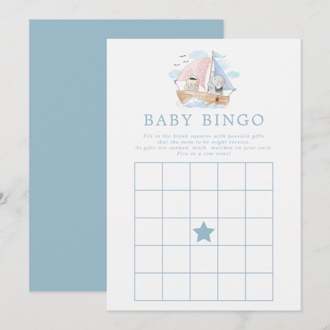 Invitation Baby shower de bingo Nautical Elephant Bear (Devant / Derrière)