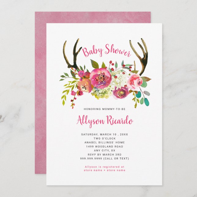 Invitation Baby shower de Boho Antlers Floral Rose (Devant / Derrière)