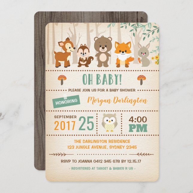 Invitation Baby shower de bois Animaux forestiers (Devant / Derrière)