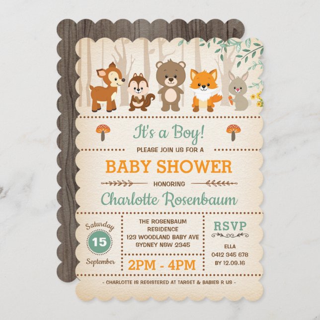 Invitation Baby shower de bois Animaux forestiers (Devant / Derrière)