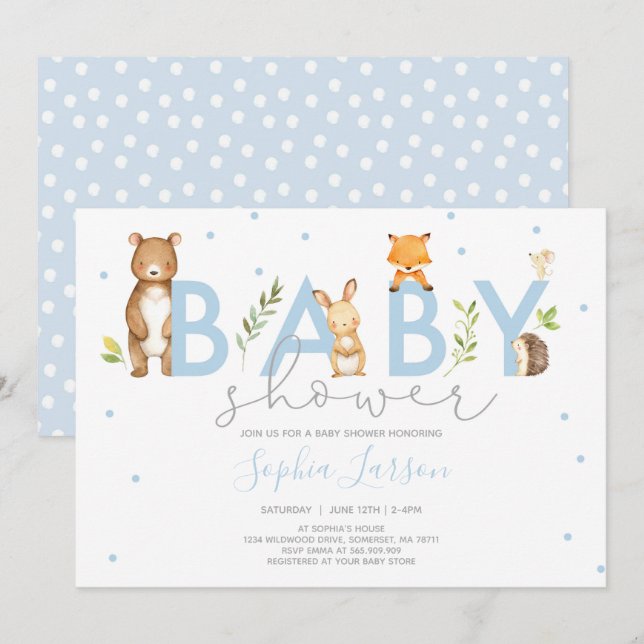 Invitation Baby shower de bois Animaux forestiers (Devant / Derrière)