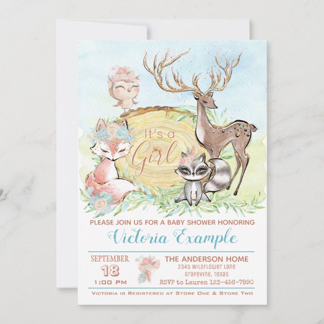 Invitation Baby shower de bois de la forêt de filles (Devant)