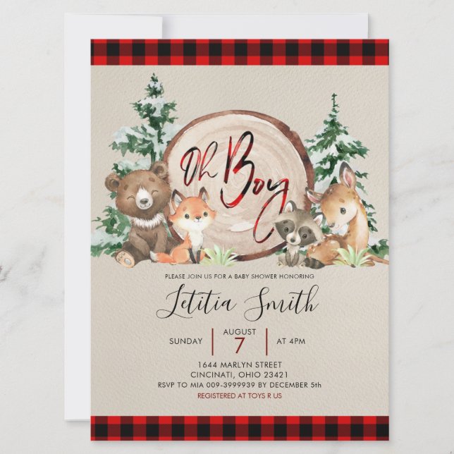 Invitation Baby shower de bois d'hiver Red Plaid (Devant)