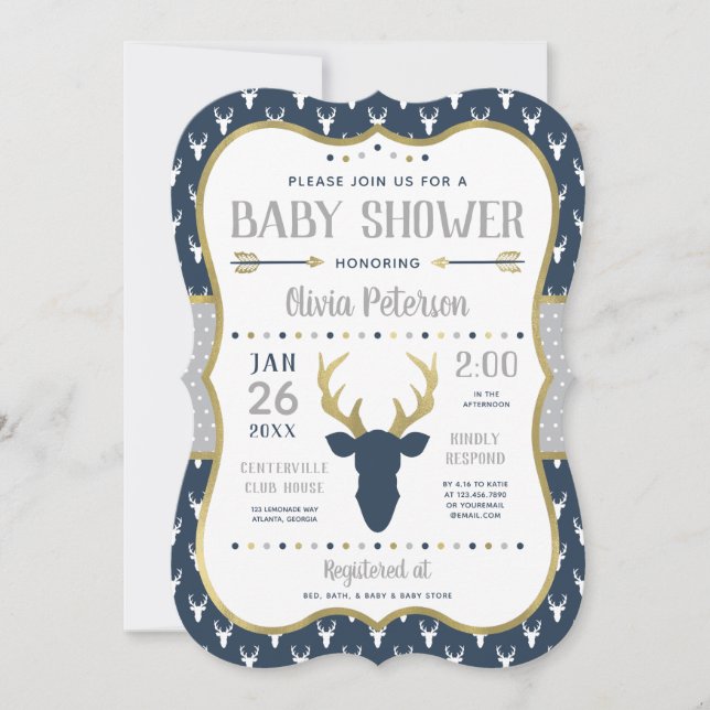Invitation Baby shower de bois, Marine, Grey, Or (Devant)