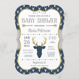 Invitation Baby shower de bois, Marine, Grey, Or