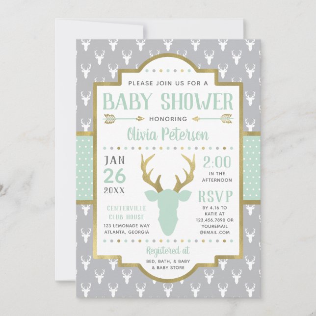 Invitation Baby shower de bois, Monnaie, Gris (Devant)