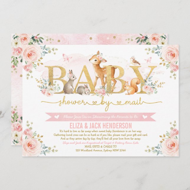 Invitation Baby shower de bois Rose Blush Gold par courrier (Devant / Derrière)