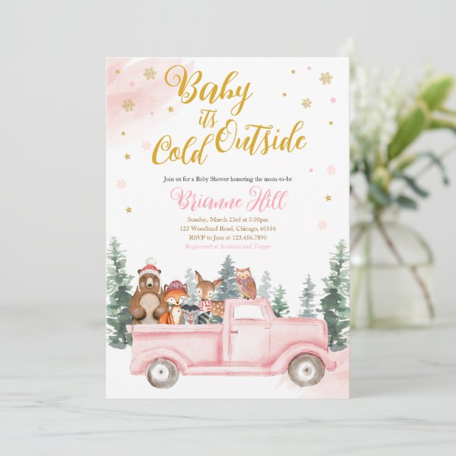 Invitation Baby shower de bois rose hiver (Debout devant)