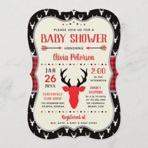 Invitation Baby shower de bois, Rouge, Noir, Plaid