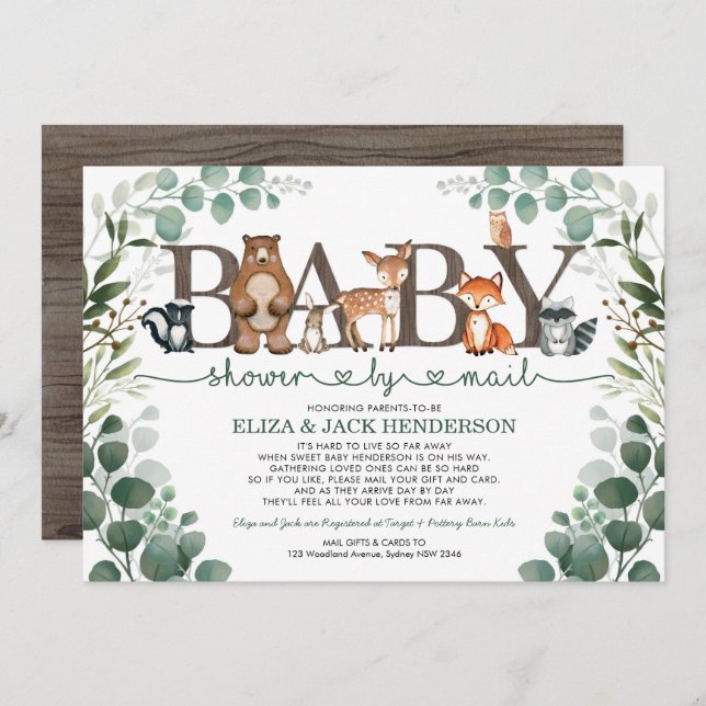 Invitation Baby shower de bois rustique vert par courrier (Devant / Derrière)