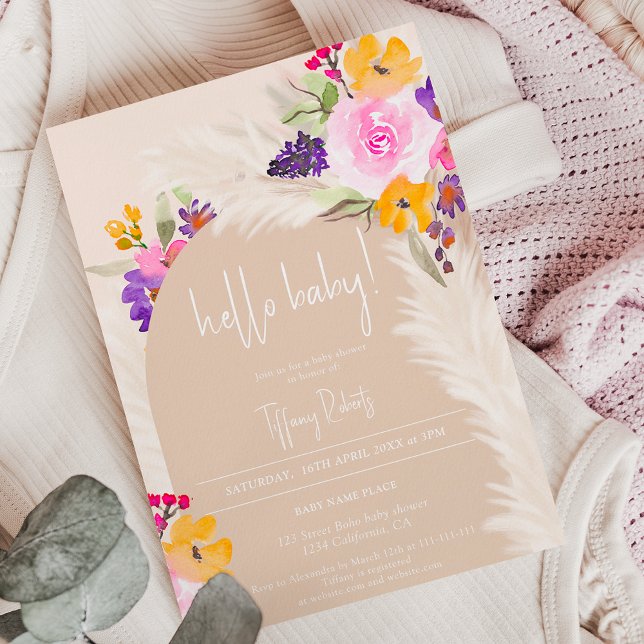 Invitation Baby shower de bonhello beige Boho rose fleuri (Créateur téléchargé)