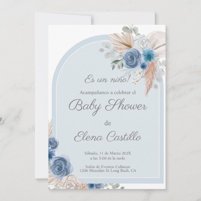 Invitation Baby shower de bouho bleu (Devant)