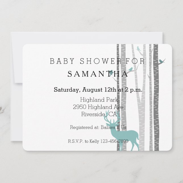 Invitation Baby shower de bouleaux blancs avec cerfs et oisea (Devant)