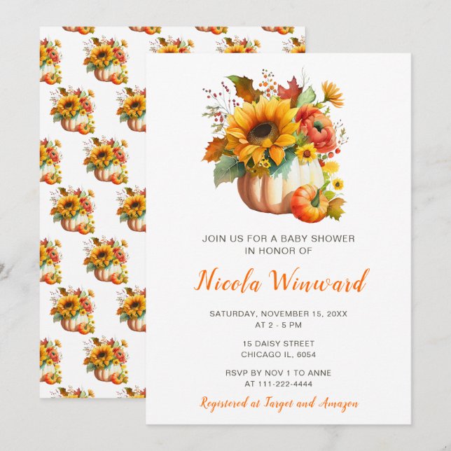 Invitation Baby shower de bouquet de fleurs citrouilles (Devant / Derrière)