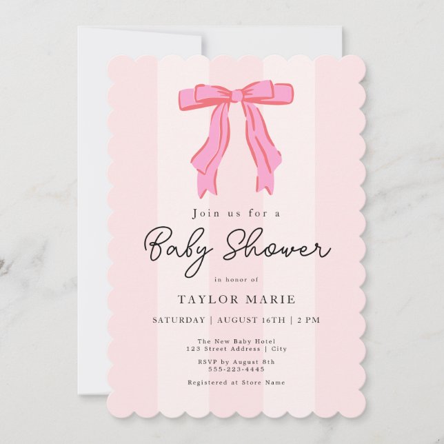 Invitation Baby shower de bow Coquette à rayures roses modern (Devant)