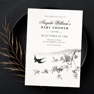 Invitation Baby shower de branche florale japonaise oiseau