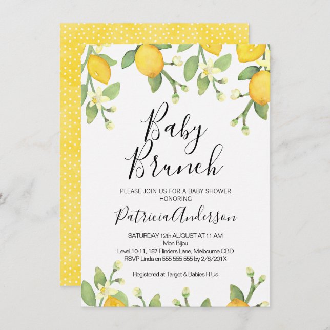 Invitation Baby shower de Brunch au citron neutre pour les ho (Devant / Derrière)
