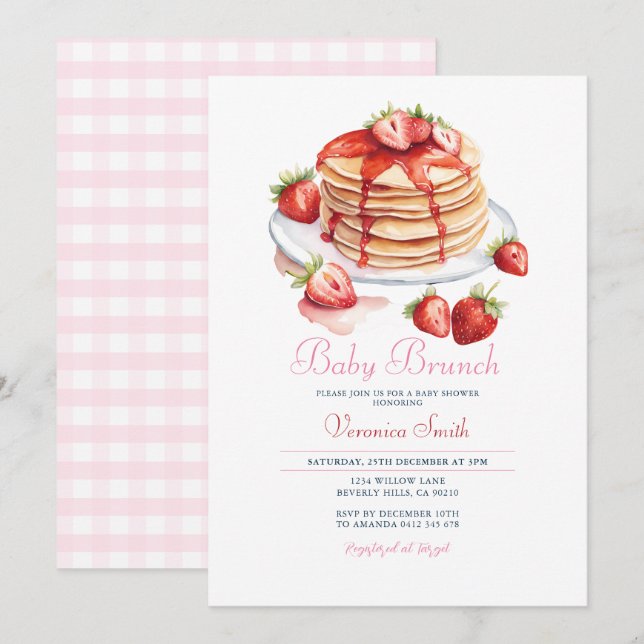 Invitation Baby shower de brunch pour bébé à la fraise Pancak (Devant / Derrière)