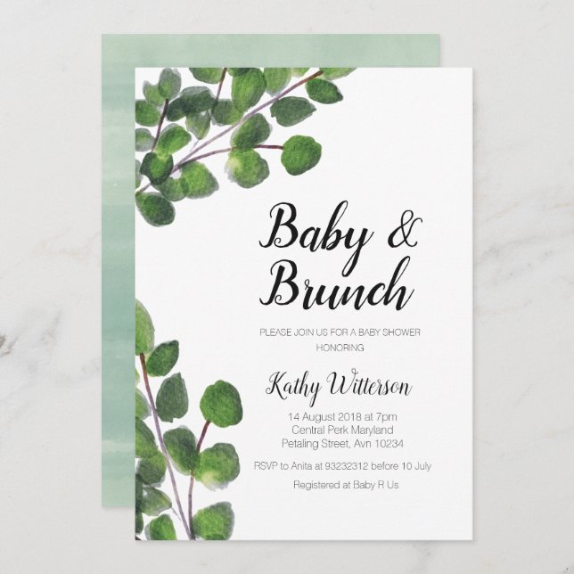 Invitation Baby shower de brunch pour bébé Eucalyptus vert (Devant / Derrière)