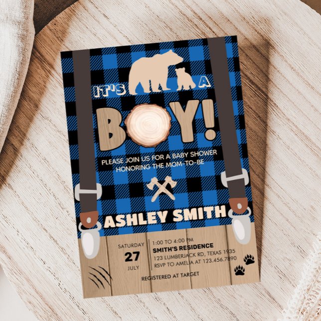 Invitation Baby shower de bûcheron bleu rustique (Plaid Lumberjack Baby Shower Invitation)