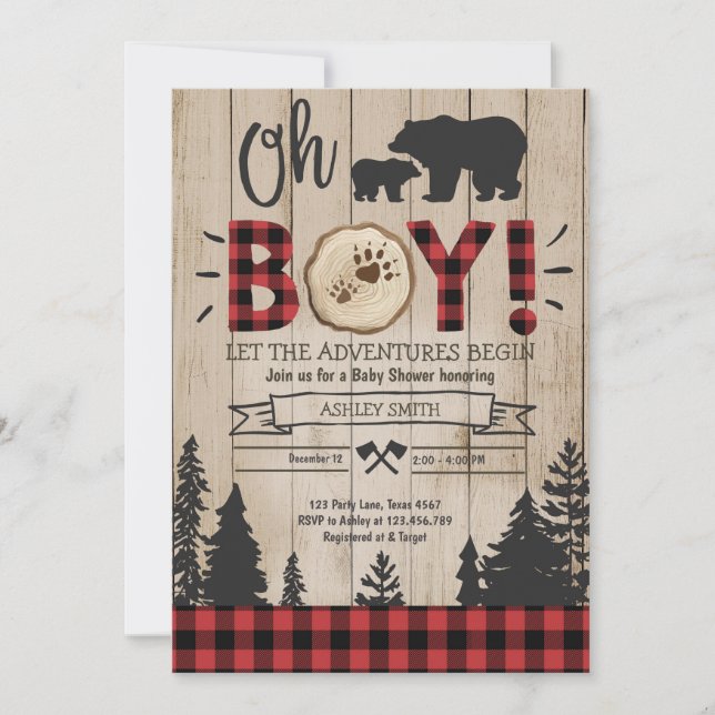 Invitation Baby shower de bûcheron Bois Ours Cub Plaid Bois (Devant)