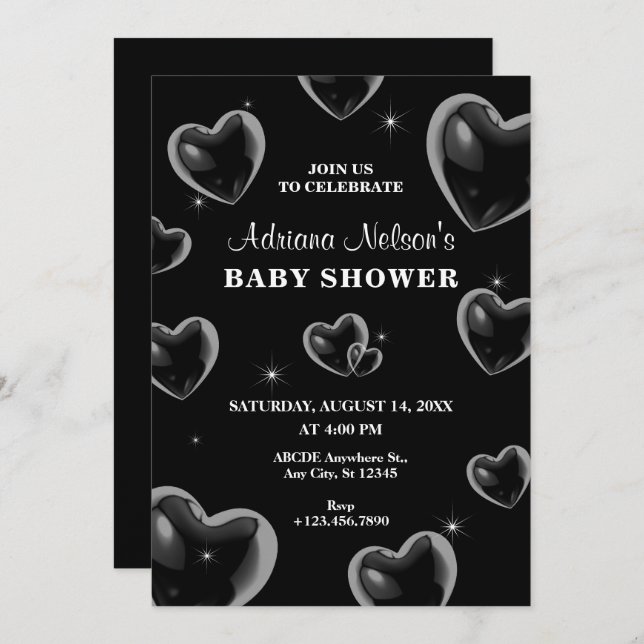 Invitation BABY SHOWER de bulle Black Heart (Devant / Derrière)