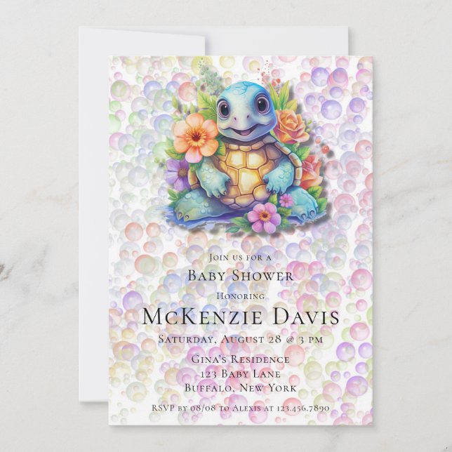Invitation Baby shower de bulles florales de tortues marines (Devant)