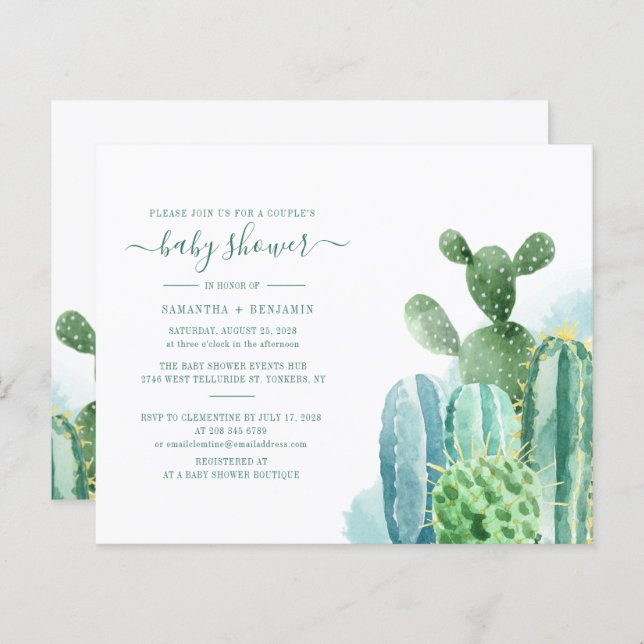Invitation Baby shower de Cactus aquarelle Couples (Devant / Derrière)