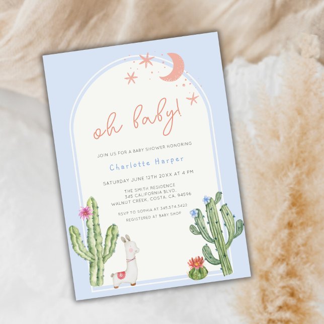 Invitation Baby shower de cactus d'arc Boho bleu neutre par s (Blue Gender Neutral Boho Arch Cactus Baby Shower Invitation)