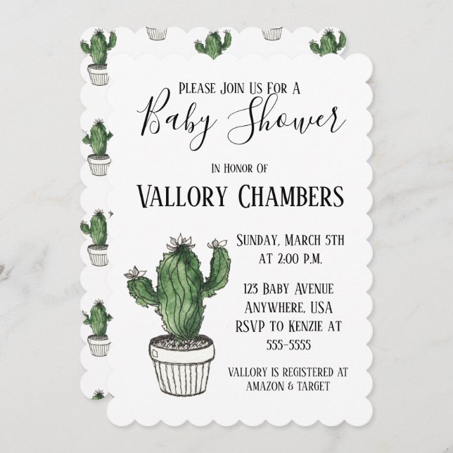 Invitation Baby shower de cactus Succulent Poted (Devant / Derrière)
