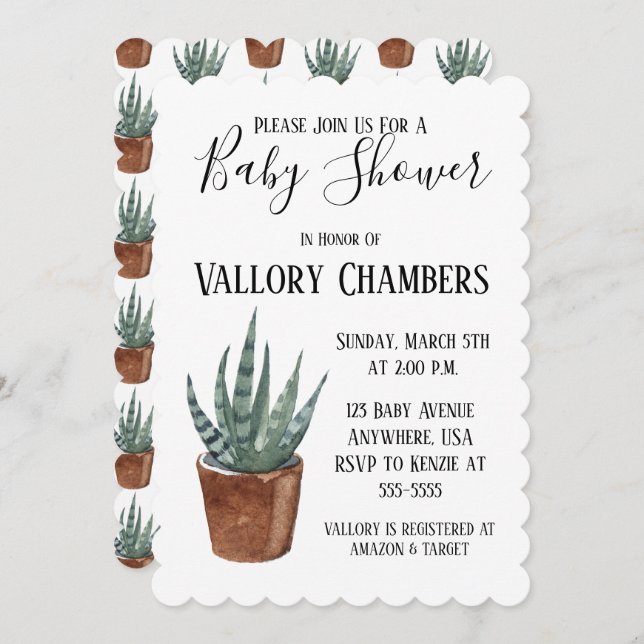 Invitation Baby shower de cactus Succulent Poted (Devant / Derrière)