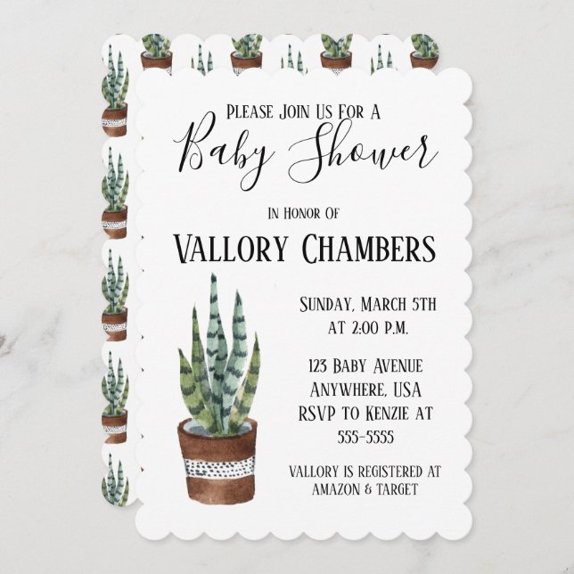 Invitation Baby shower de cactus Succulent Poted (Devant / Derrière)