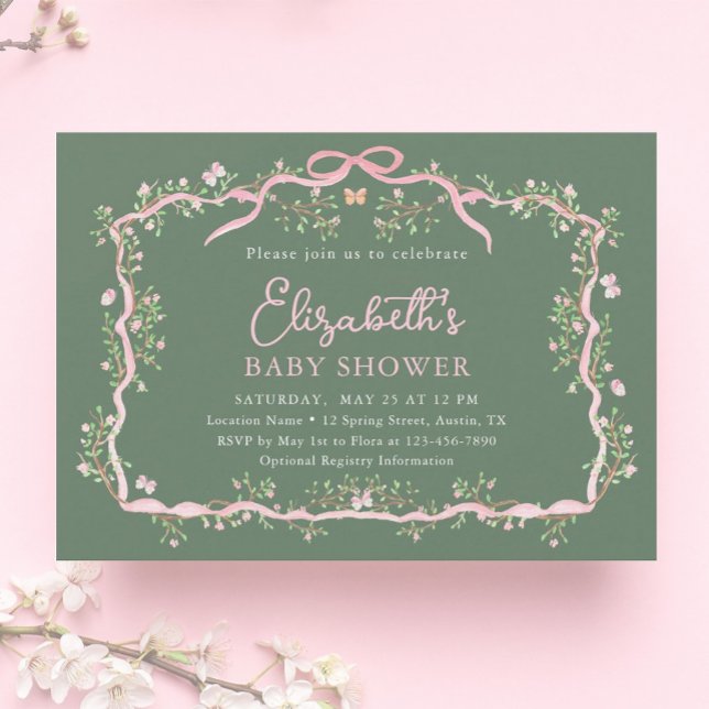 Invitation Baby shower de cadre à ressort rose vert (Créateur téléchargé)
