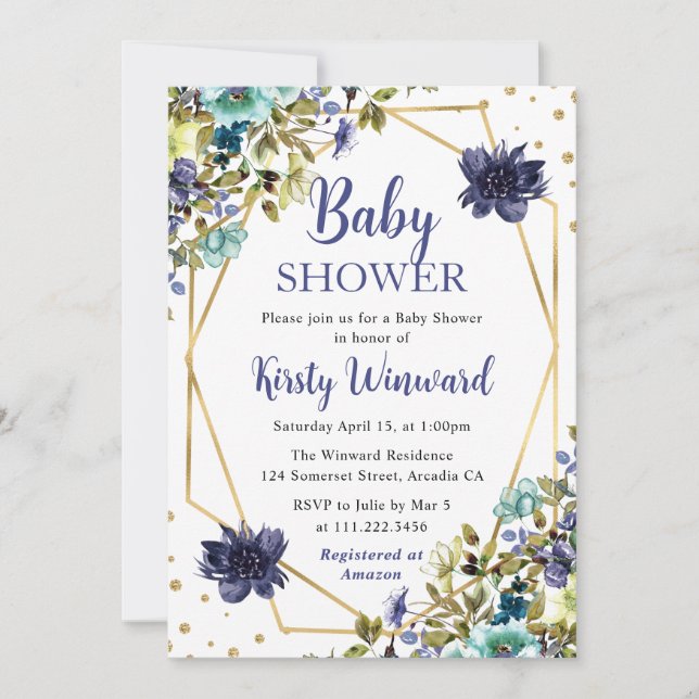 Invitation Baby shower de cadre bleu et marine Fleurs d'été (Devant)