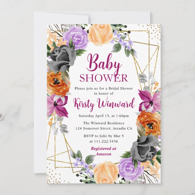 Invitation Baby shower de cadre de fleurs noires violettes or (Devant)