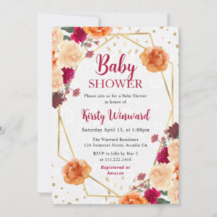 Invitation Baby shower de cadre de fleurs rouges et orange