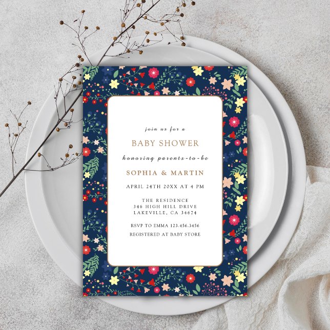 Invitation Baby shower de cadre Fleur sauvage bleu marine (Navy Blue Little Wildflower Frame Baby Shower Invitation)