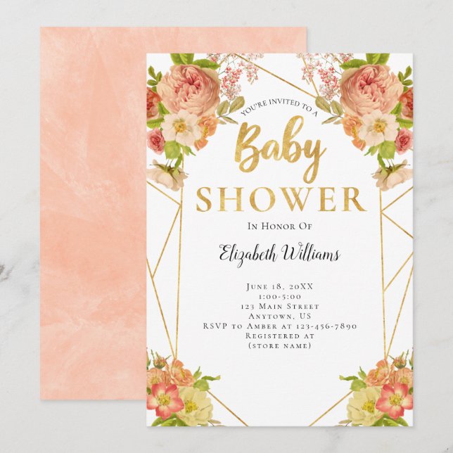 Invitation Baby shower de cadre géométrique des fleurs de bro (Devant / Derrière)