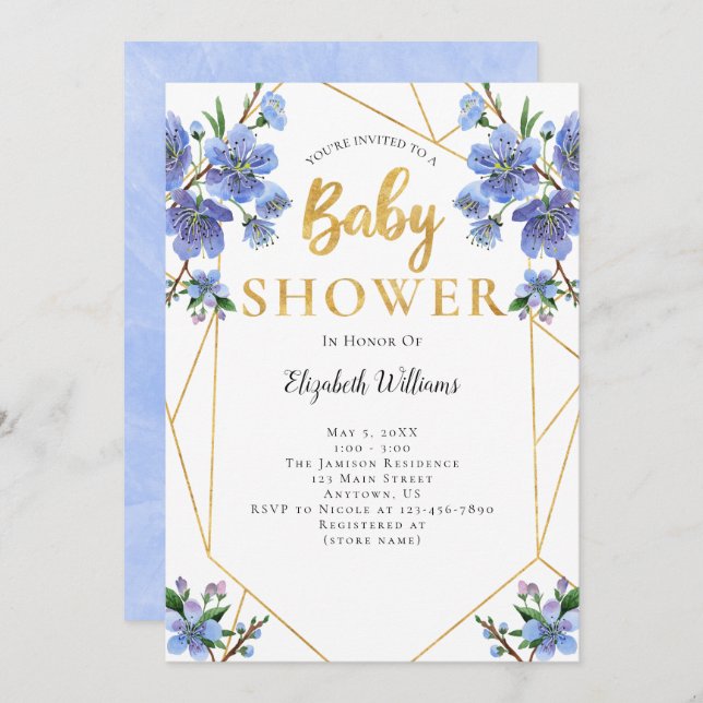 Invitation Baby shower de cadre géométrique Fleurs bleues (Devant / Derrière)