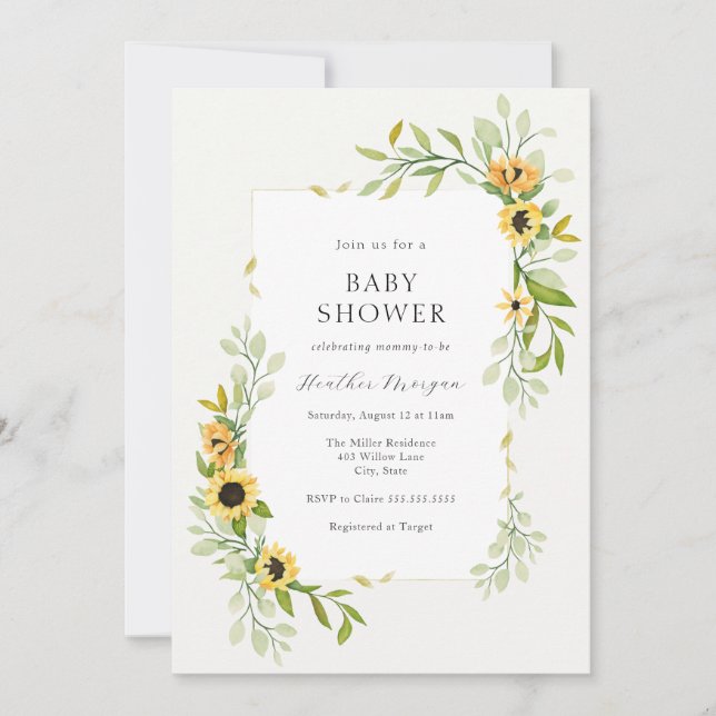 Invitation Baby shower de cadre tournesol et verdure (Devant)