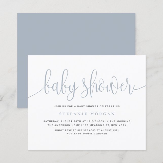 Invitation Baby shower de calligraphie bleu poussi (Devant / Derrière)