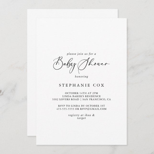 Invitation Baby shower de calligraphie élégant et idyllique (Devant / Derrière)