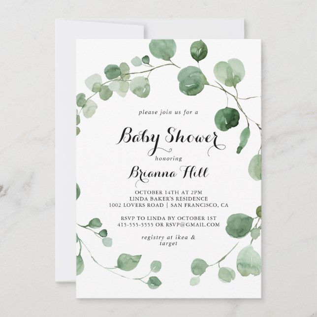 Invitation Baby shower de calligraphie moderne Eucalyptus (Devant)