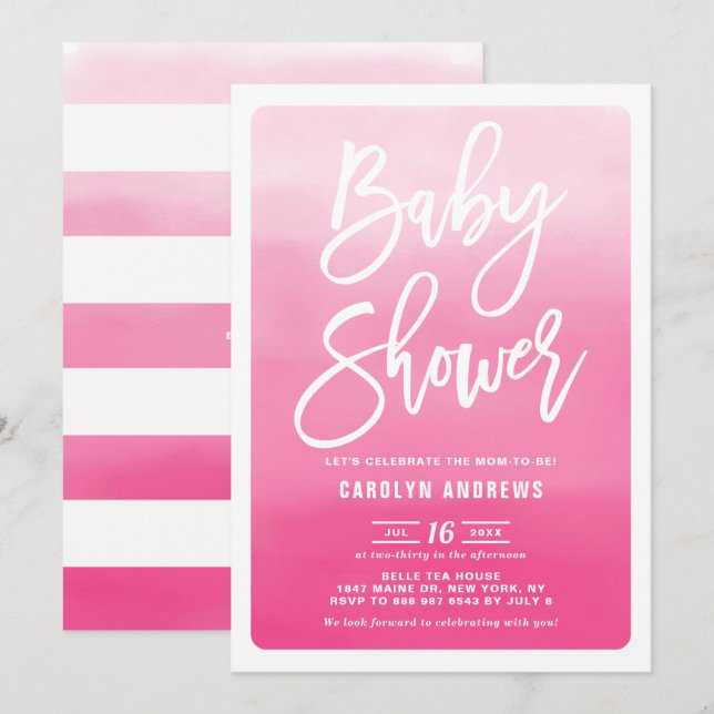 Invitation Baby shower de calligraphie moderne Pink Ombre (Devant / Derrière)