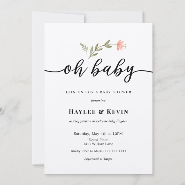Invitation Baby shower de calligraphie "Oh Baby" (Devant)
