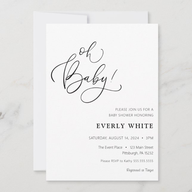 Invitation Baby shower de calligraphie "Oh Baby" (Devant)