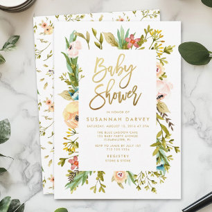 Invitation Baby shower de calligraphie OR Fleur sauvage