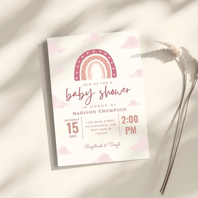 Invitation Baby shower de calligraphie Pastel Pink Rainbow Cl (Créateur téléchargé)