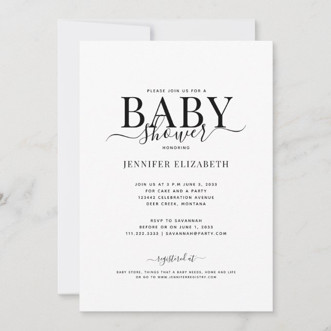 Invitation Baby shower de calligraphie simple (Devant)